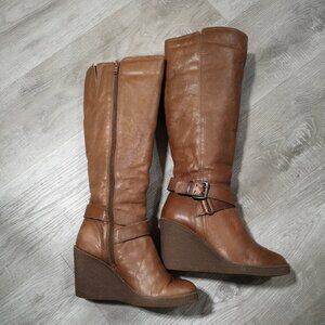 Aldo Ladies Size 7 Brown Knee High Side Zip Lined Faux Leather Wedge Heel Boots